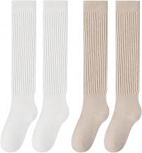 Slouch Socks, 4 PCS Knee High Socks for Women in Beige and White