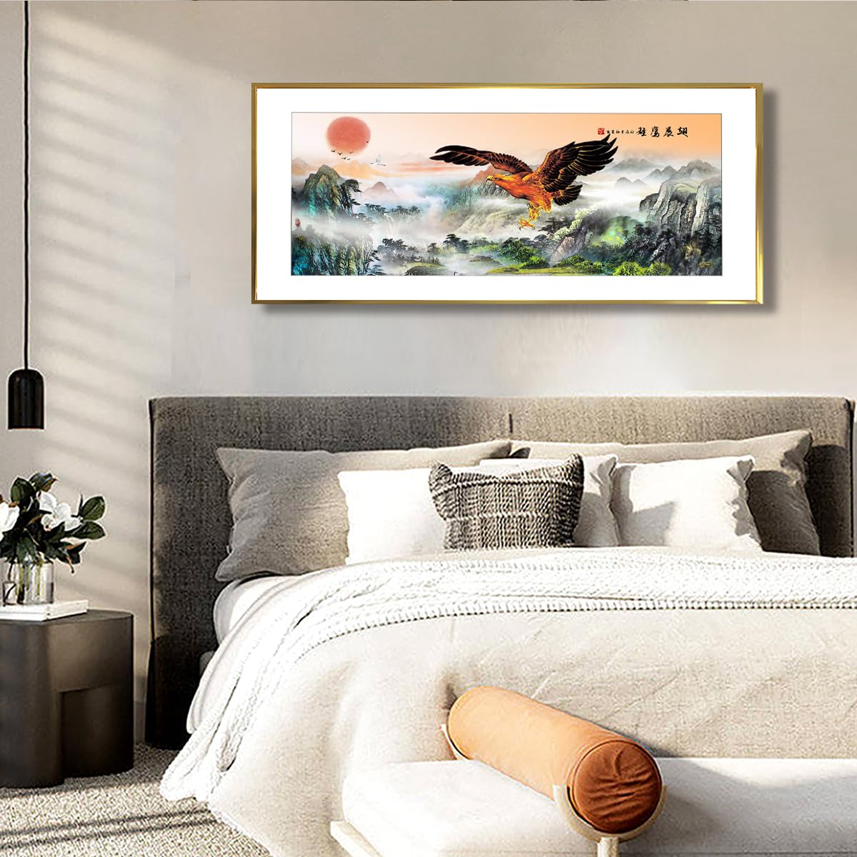 Eagle Mountain Sunrise duże płótno ścienne sztuka ścienna chiński krajobraz obraz obraz azjatycka natura malarstwo kuchnia wystrój sypialni 40 x 101 cm ze złotą ramą