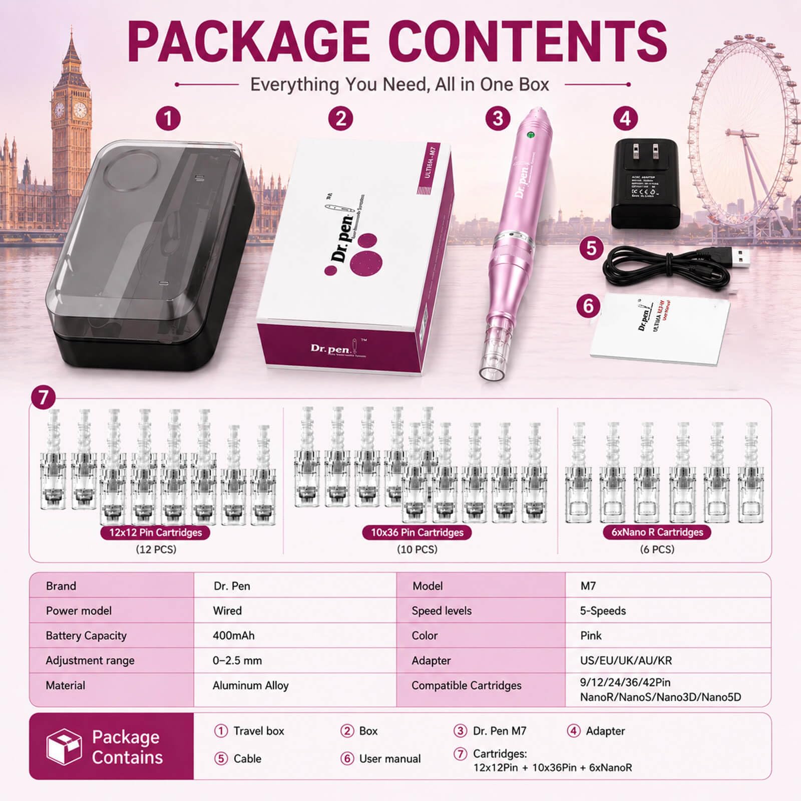 Dr. Pen M7 Beauty Pen Kit de soins de la peau rechargeable sans fil avec 28 cartouches (12 × 12 broches, 10 × 36 broches, 6 × NanoR), contrôle LED à 5 vitesses, corps en aluminium rose pour une peau