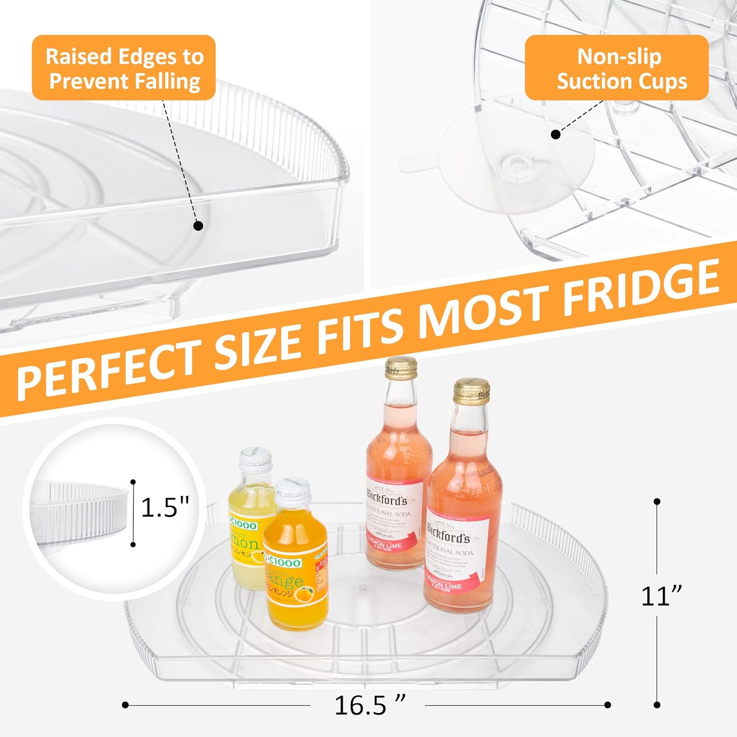Lazy Susan Turntable Organizer for Refrigerator, Slide and 360° Rotate Turntable Organizer and Storage for Fridge, Cabinet, Pantry, Kitchen Countertop, 16.5’' Clear Rectangle 1PACK