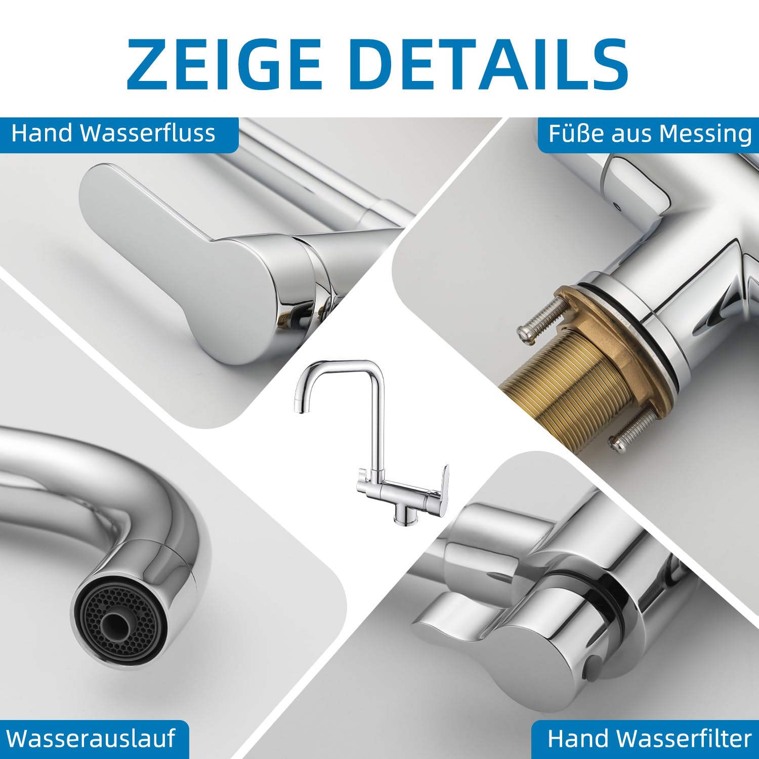 3 Wege Wasserhahn Küche,Vorfenster Küchenarmatur Klappbar mit Kaltstart,3 in 1 Mischbatterie für Wasserfilter,360°Drehbar Armatur Küche Spülarmaturen mit 2 Hebel (Chrom)