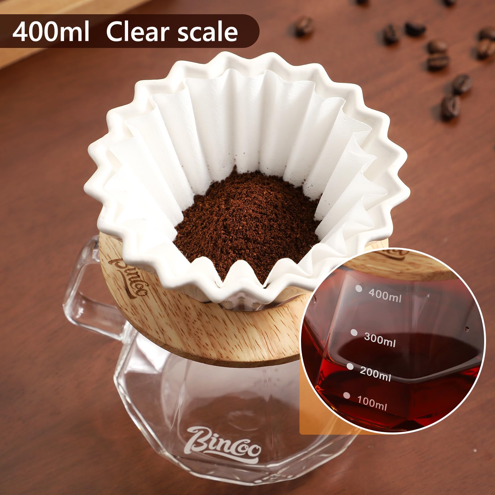 Bincoo 400 ml Kaffeebereiter-Set mit Keramik-Kaffeetropfer und Holzständer, 1–2 Tassen, Übergieß-Kaffee Brühwerkzeug