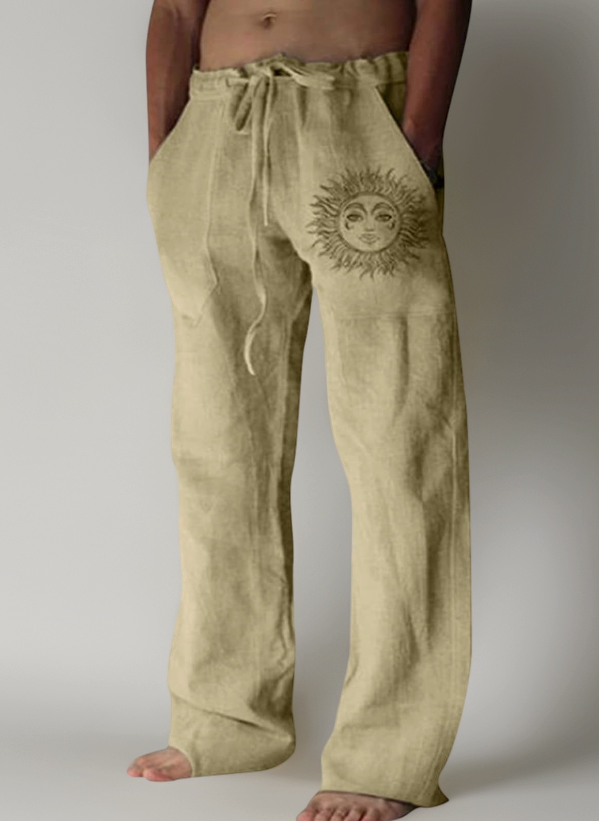 Litthing Mens Linen Trousers Cotton Jogging Bottoms Casual Summer Pants with Pockets Loose Fit Drawstring Trouser Comfortable Lightweight Pant