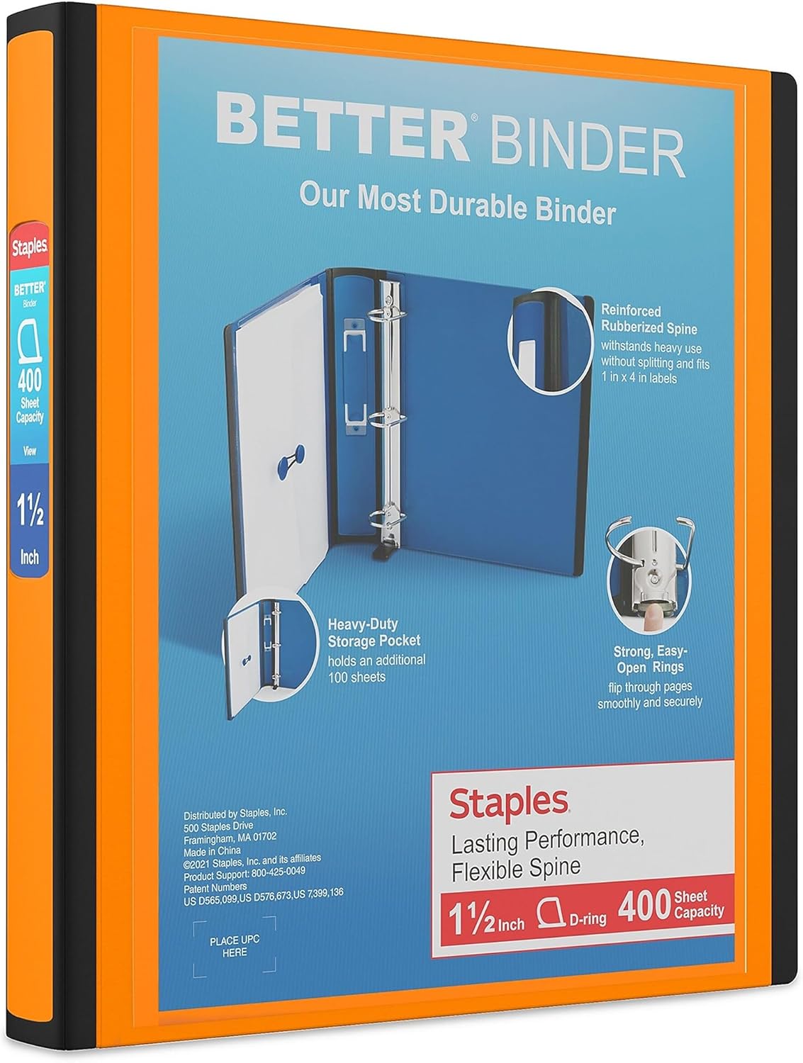 Staples Better Binder, 1.5" Heavy‑Duty D‑Ring 3‑Ring Binder, Orange, Reinforced Spine for Long‑Lasting Use, 400‑Sheet Capacity, School & Office, 3‑Pack