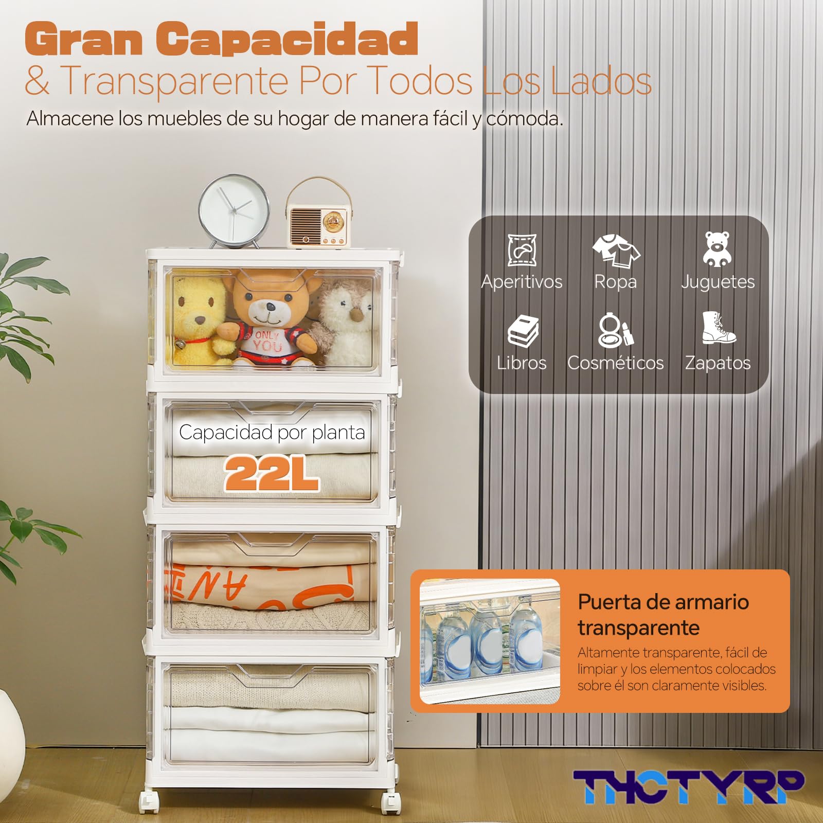 Caja de Almacenamiento 23L, 4 Unidades, Transparentes con Tapa | Apilables, Plegable, Con Puerta, Con Ruedas