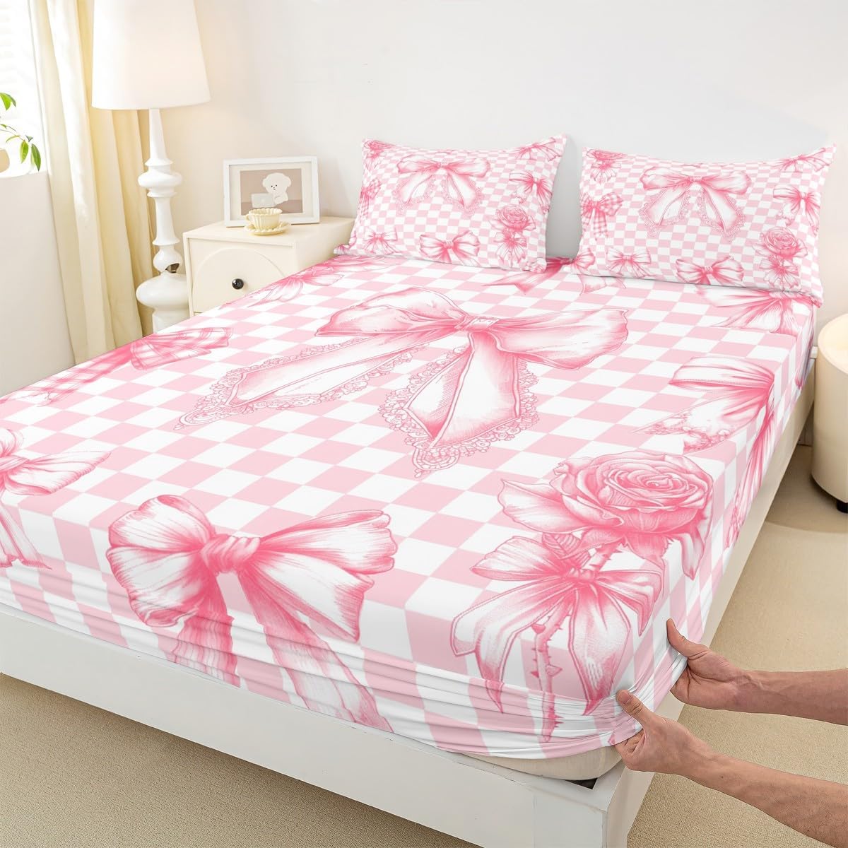 Erosebridal Pink Coquette Bow Fitted Sheet Full Size Modern Plaid Checkerboard Bed Sheets for Preppy Trendy Bow Plaid Bedding Set Cute Aesthetic Grid Sheets