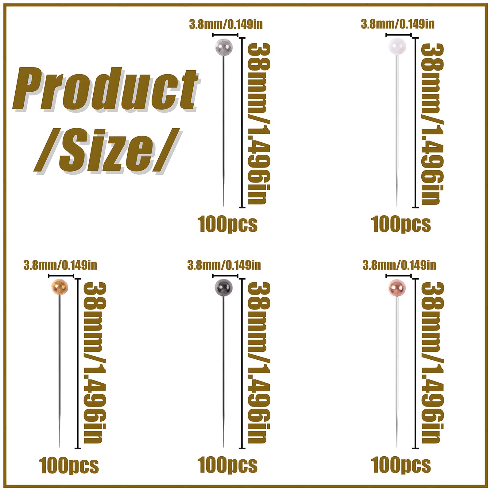 VAPKER 500 Pcs Pearlized Head Quilting Pins, 38mm Straight Long Pins for Dressmaker, Flower DIY Decoration (5 Colors)