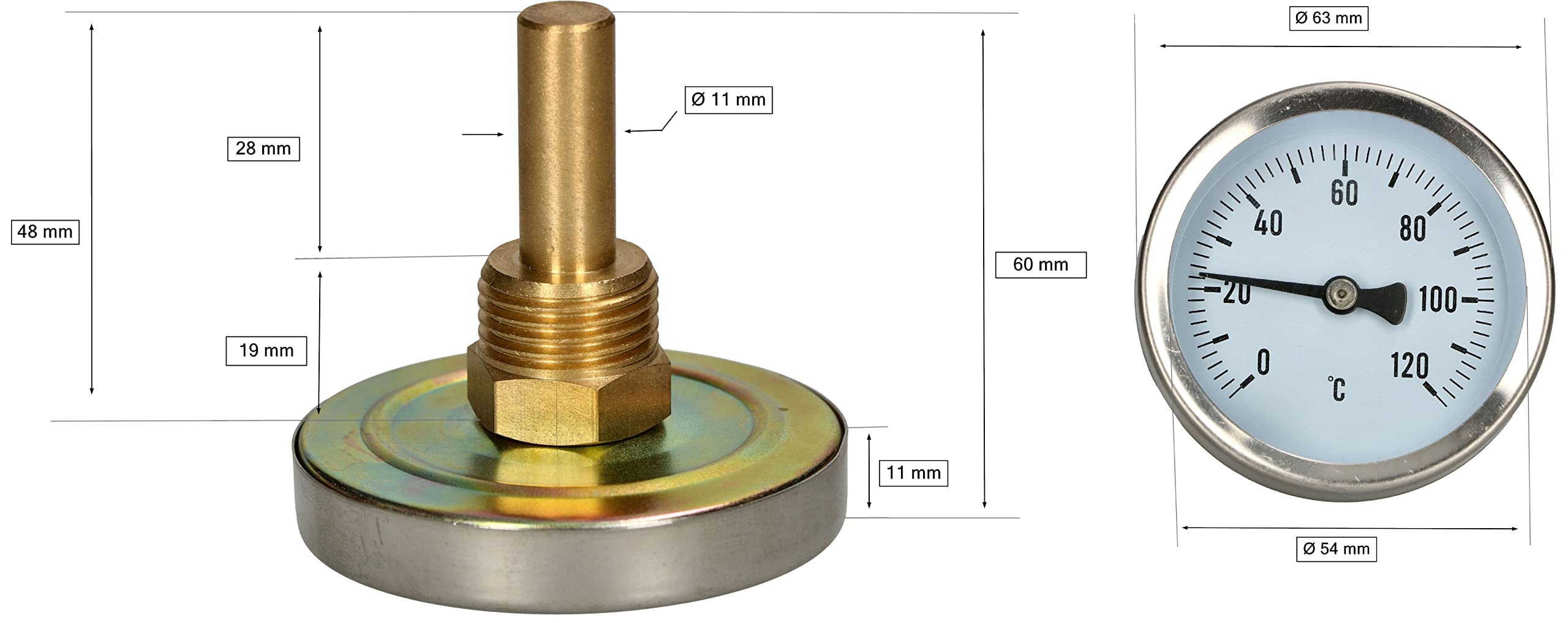 Lot De 2 Thermomètres Bimétalliques Avec Gaine En Cuivre De 63 Mm Pour