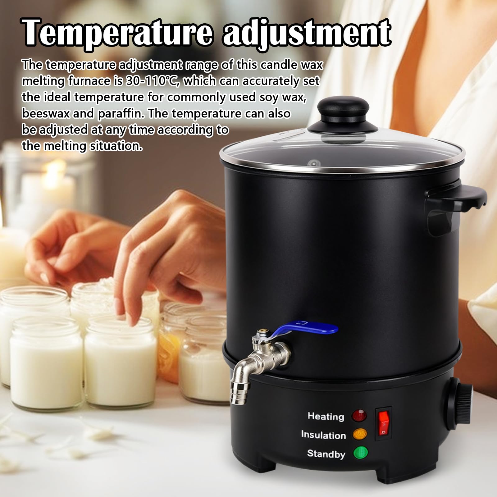 Aisny Fusor de Cera para Velas 6L, Crisol de Cera para Hacer Velas Crisol de Velas 1000W Juego de Vertido de Vela con Grifo para Verter Vela y Controlador de Temperatura para Verter