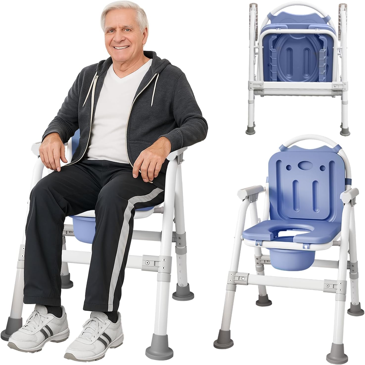 4 in 1 Folding Bedside Commode Chair for Elderly with Arms and Back,Adjustable Height Raised Toilet Seat with Handles,Adults Potty Chair for Seniors,Disabled,Pregnant Holds Up to 330 lbs (ABS Seat)