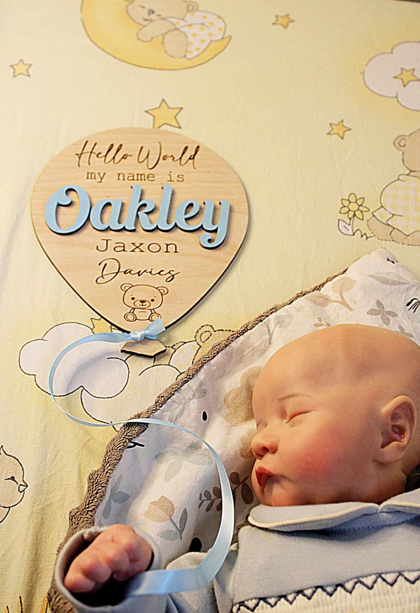Baby Announcement Balloon Plaque - Hello World, Welcome To The World - Personalised Baby Name Sign - Birth Announcement Gift (Small (12x14cm) Pink Ribbon, Pastel Blue)