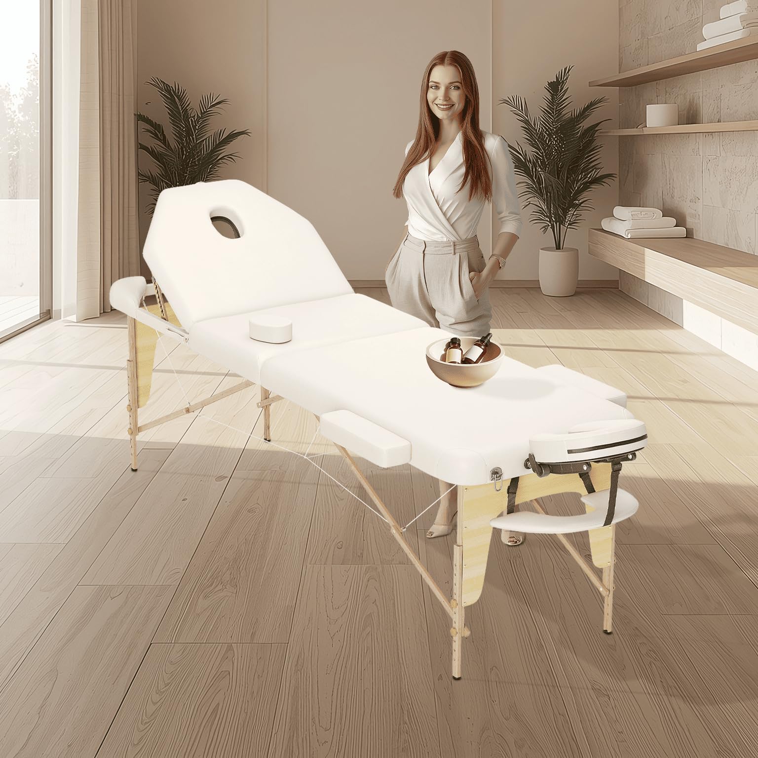 BELTOM® Camilla de Masaje 3 Zonas Nuevo Modelo portatil Mesa Cama Banco Plegable Reiki - Crema