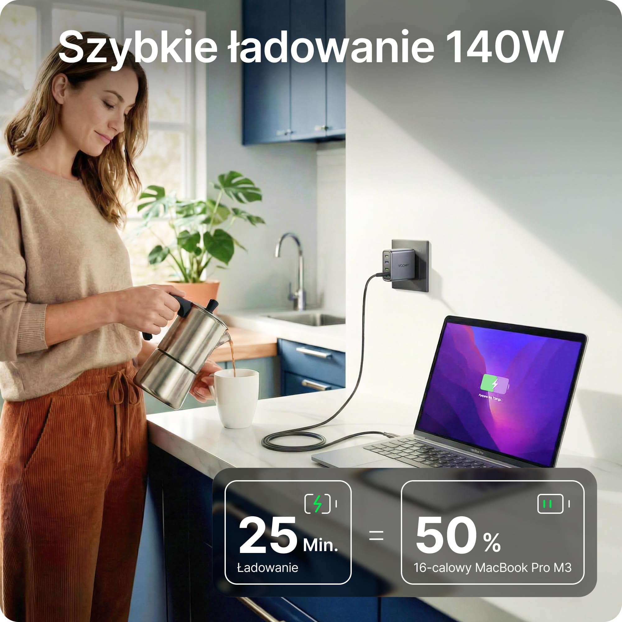 Voomy Ładowarka USB C 140W 4 w 1, Szybka Ładowarka GaN do Laptopa, Tabletu i Smartfona (140W)
