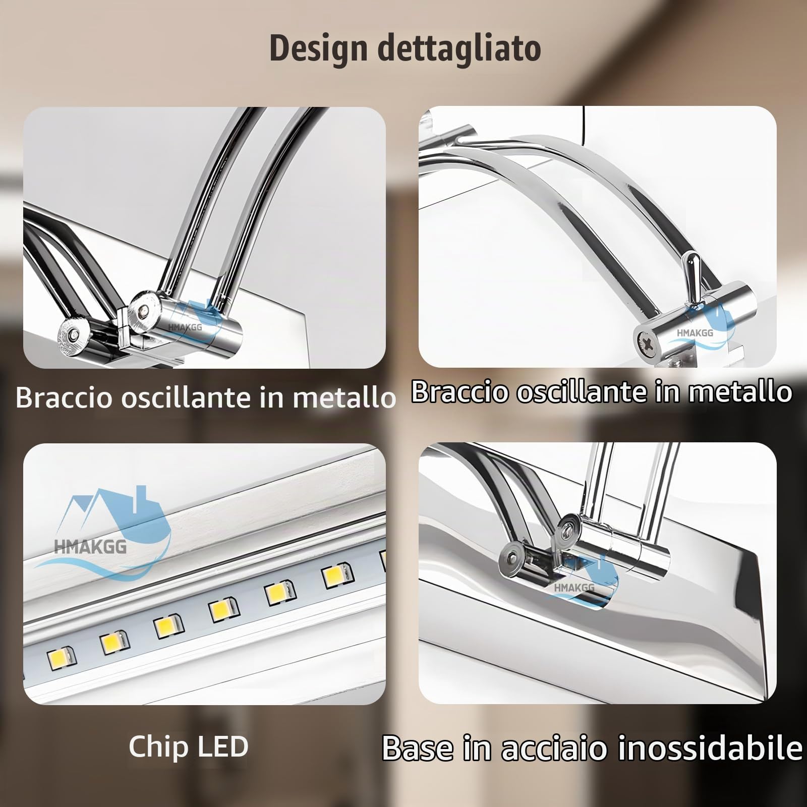 Lampada da Specchio Bagno con Interruttore, Luce Specchio Bagno LED con Rilevatore di Movimento, Bianco Freddo 6000K Applique Girevole 240°, Argento, Impermeabile IP44, 29CM/6W