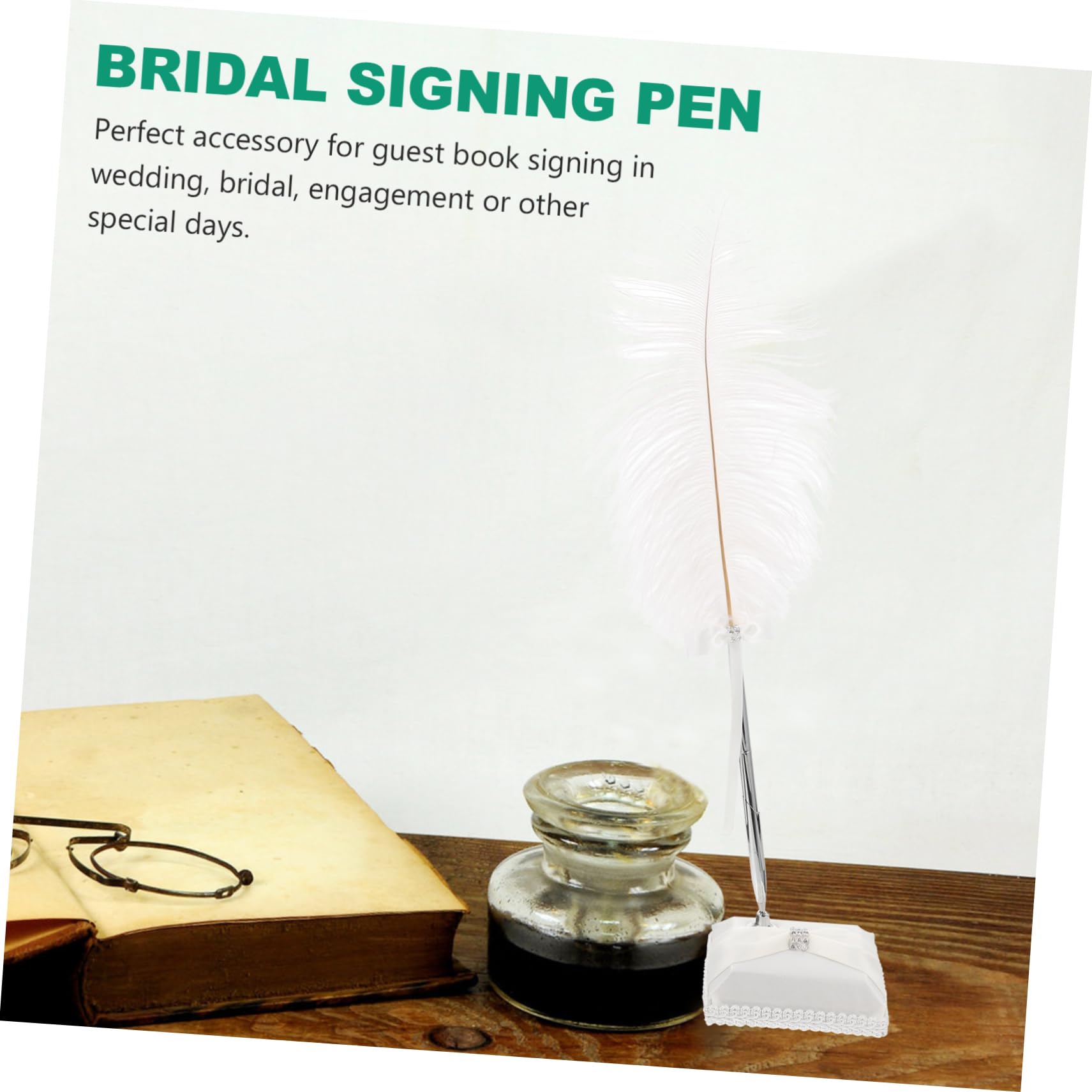 HOMSFOU Stylo pour Signature de Mariage Blanc en Satin et Plume D'autruche avec Porte-stylo Rotatif 360 Degrés, Élégant pour Cérémonie Nuptiale