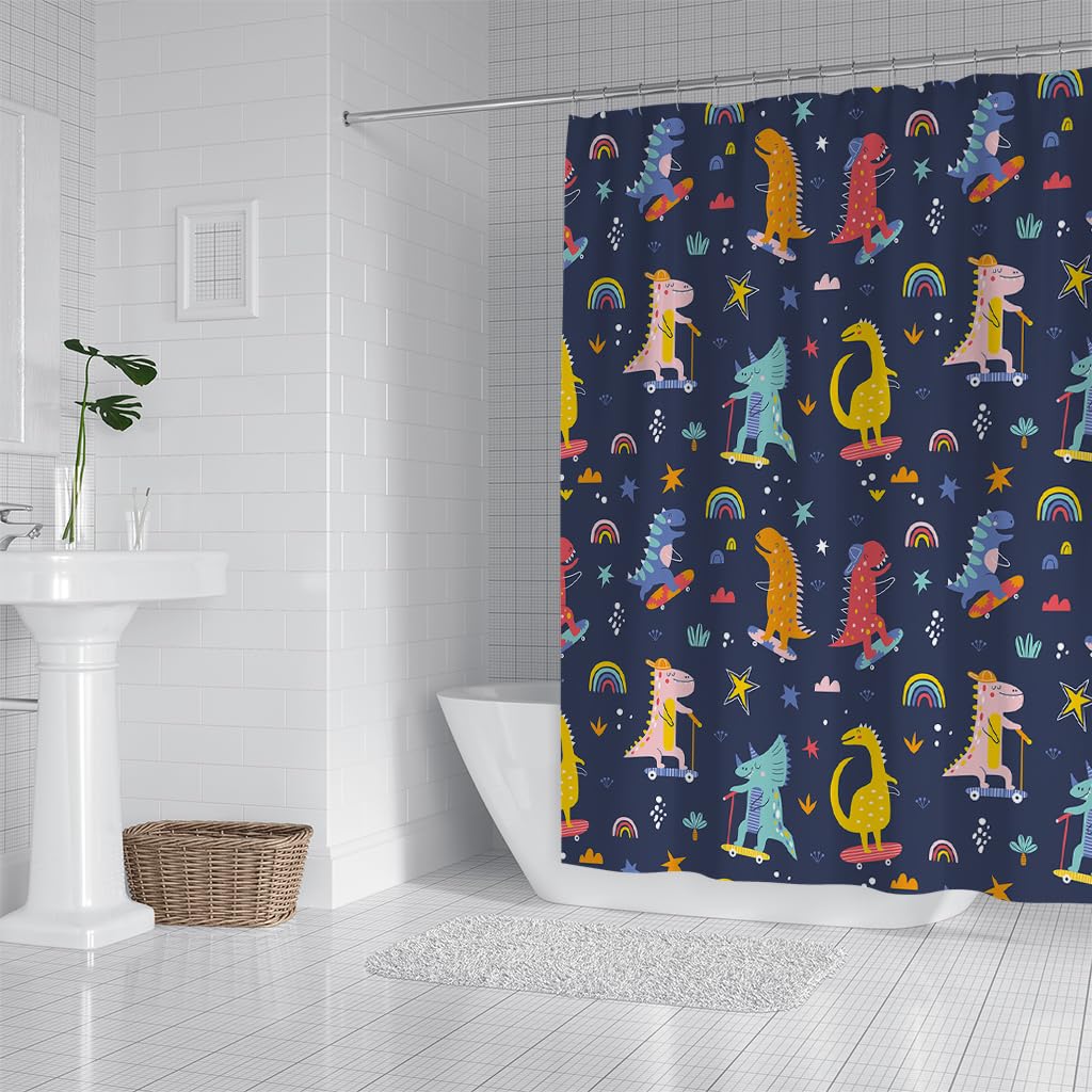 Cortina de Ducha 200 x 200 cm Infantil Azul Marino, con Bonito Estampado de Dinosaurios para Bañeras y Baños, con Temática de Animales, de Secado Rápido, Impermeable, 200 x 200 cm (1 Paneles).