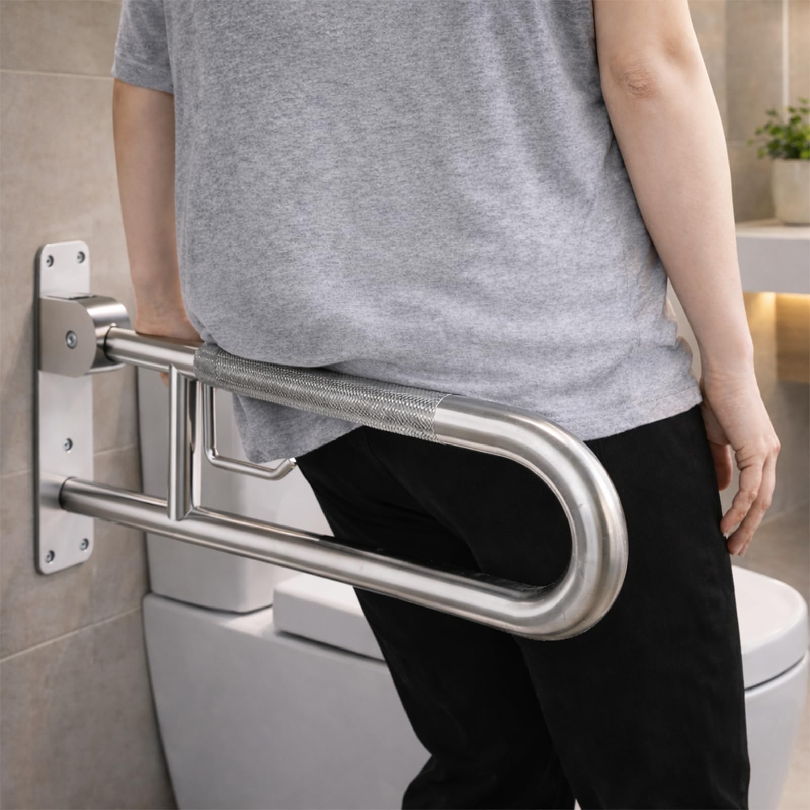 Barra de agarre para inodoro de 23.6 pulgadas, cromada, rieles de seguridad abatibles para baño con soporte de papel, barras de agarre antideslizantes para discapacitados, pasamanos de soporte