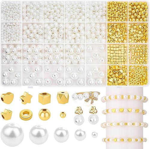 Audab Kit de fabricación de pulseras, 1332 cuentas de perlas y cuentas espaciadoras doradas para hacer pulseras y hacer joyas para adultos
