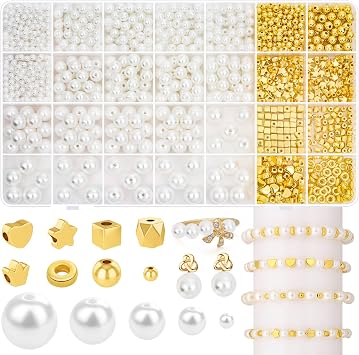Audab Bracelet Making Kit, 1332 Pieces Pearl Beads and Gold Spacer Beads for Bracelets Making and Jewelry Making for Adults