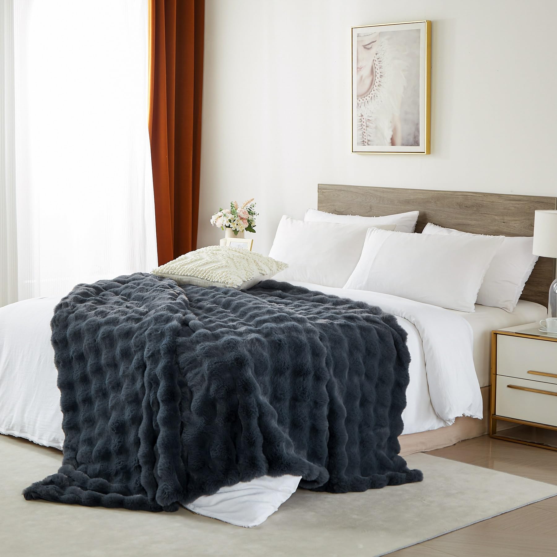 Manta polar (200 x 220 cm, invierno, cálido, gris, funda de sofá, felpa, piel de conejo, textura de burbujas, supersuave, manta suave, regalo para mujer