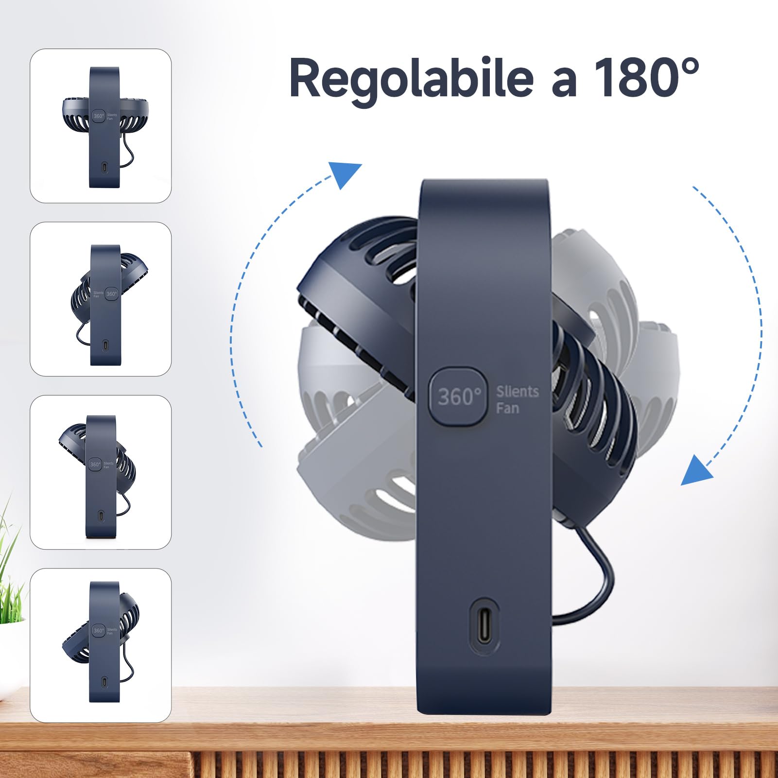WOWDSGN Ventilatore da Tavolo a Batteria Ricaricabile - Ventilatore USB Piccole con Forte Flusso d'Aria - Mini Ventilatore Portatile - 3 Velocità - Ideale per Interno ed Esterno (Blu Scuro)