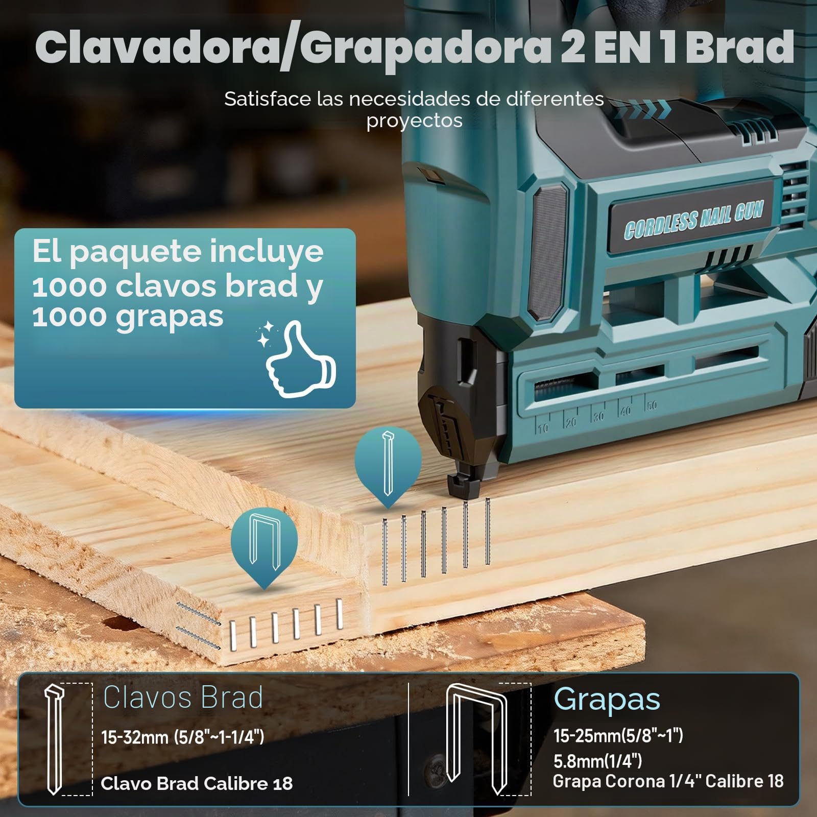 Clavadora Electrica Compatible con Baterías Makita de 18V, Actualización 2 en 1 18GA Pistola de Clavos con 2 Baterías de 4,0Ah y 1000 Clavos/Grapas, 6 Ajustes de Profundidad para Madera