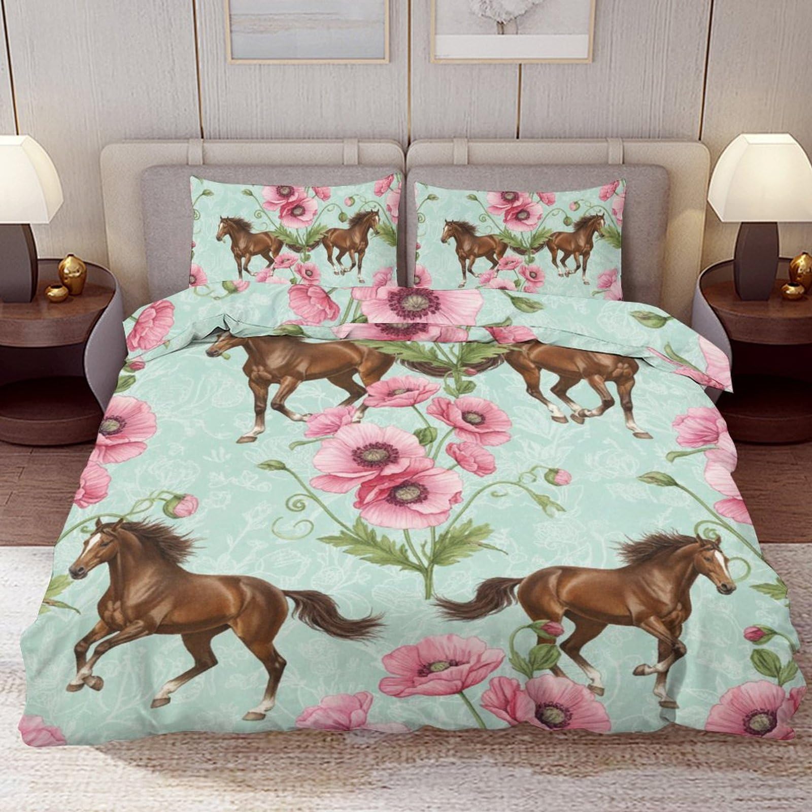 Delerain Comforter Cover Set Full Size, Brown Horses Poppy Flower 3-Piece Bedding Set for Boys Girls Teens Modern Soft Microfiber Bedroom Set Room Decor, 1 Duvet Cover + 2 Pillowcases