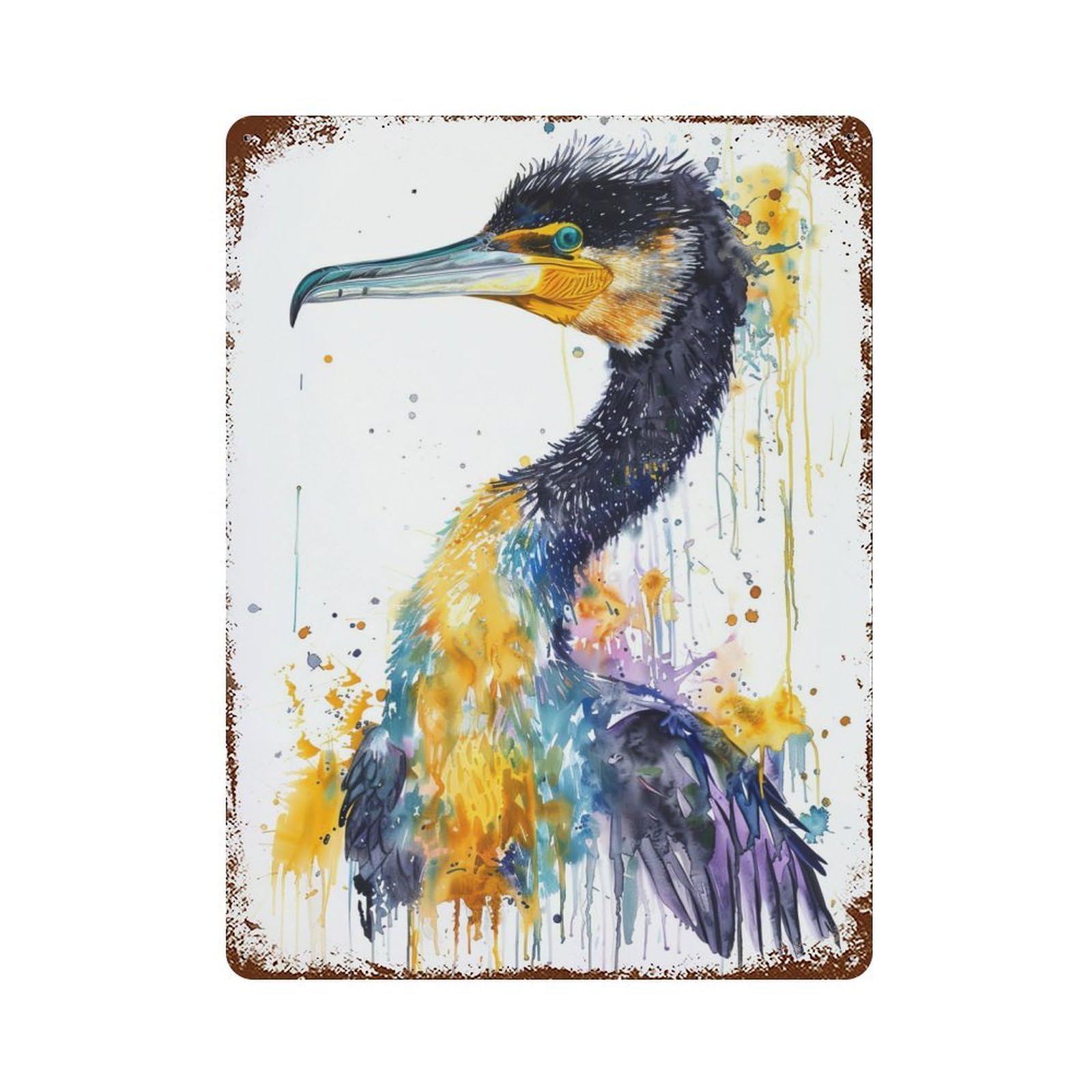 Cormorant Watercolor Rusty Metal Tin Sign 15.7"x11.8", for Basement, Hobby Room And Garage Decor, Retro Wall Decor