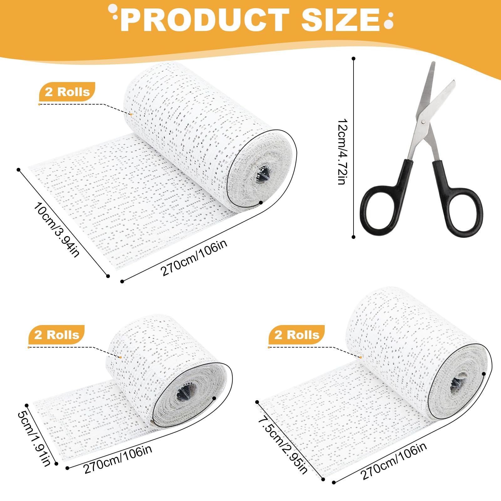 5/7.5/10cm x 2.7m Rollo de Vendas de Escayola, 6 Rollos Vendaje Ideal para Hacer Moldes, Transpirabilidad Tela de Yeso para Modelar, Excelente Plasticidad Esparadrapo Artístico para Creativo Máscara