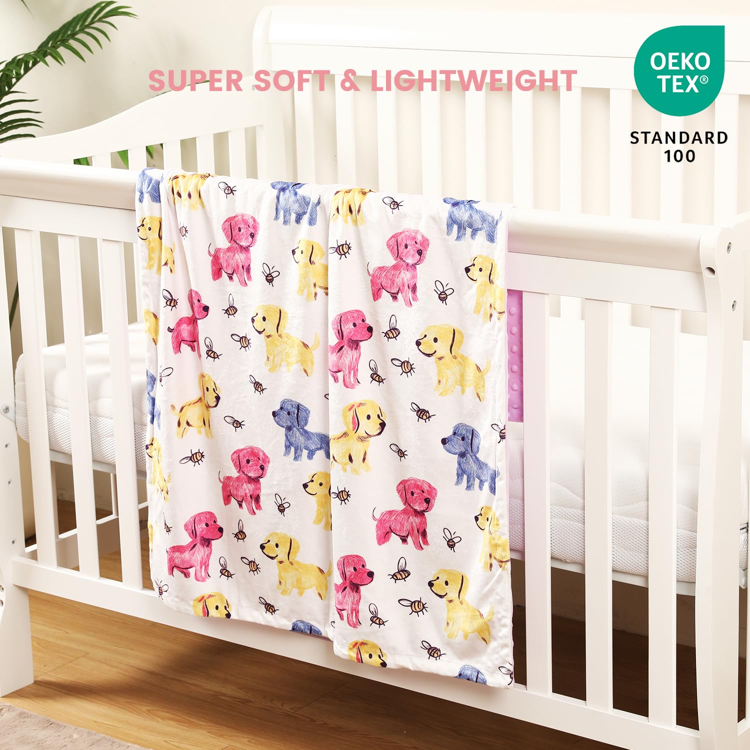Manta de bebé unisex Minky con respaldo de puntos, doble capa, 76 x 101 cm, manta para bebé, manta para cuna, manta para envolver con estampado de perro