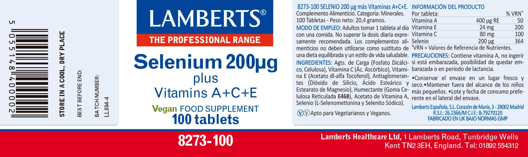 Lamberts Selenio 200 µg + Vitaminas A+C+E | 100 Tabletas | Apto para Veganos | Sin Gluten | Sin OGM | L-Selenometionina | Inmunidad, Cabello, Uñas, Tiroides | Calidad Farmacéutica GMP