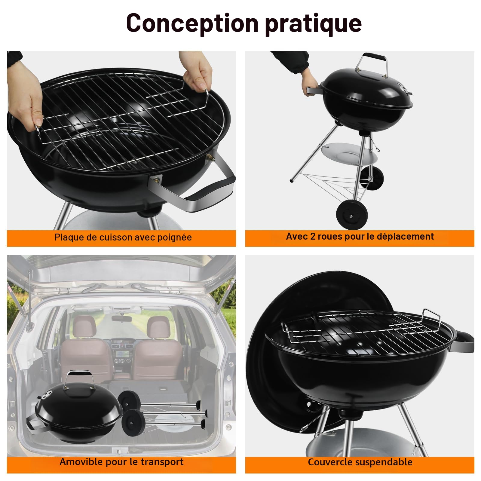 Barbecue Charbon Rond avec Couvercle et Roues BBQ Portable Grill Jardin Camping Balcon Taille moyenne