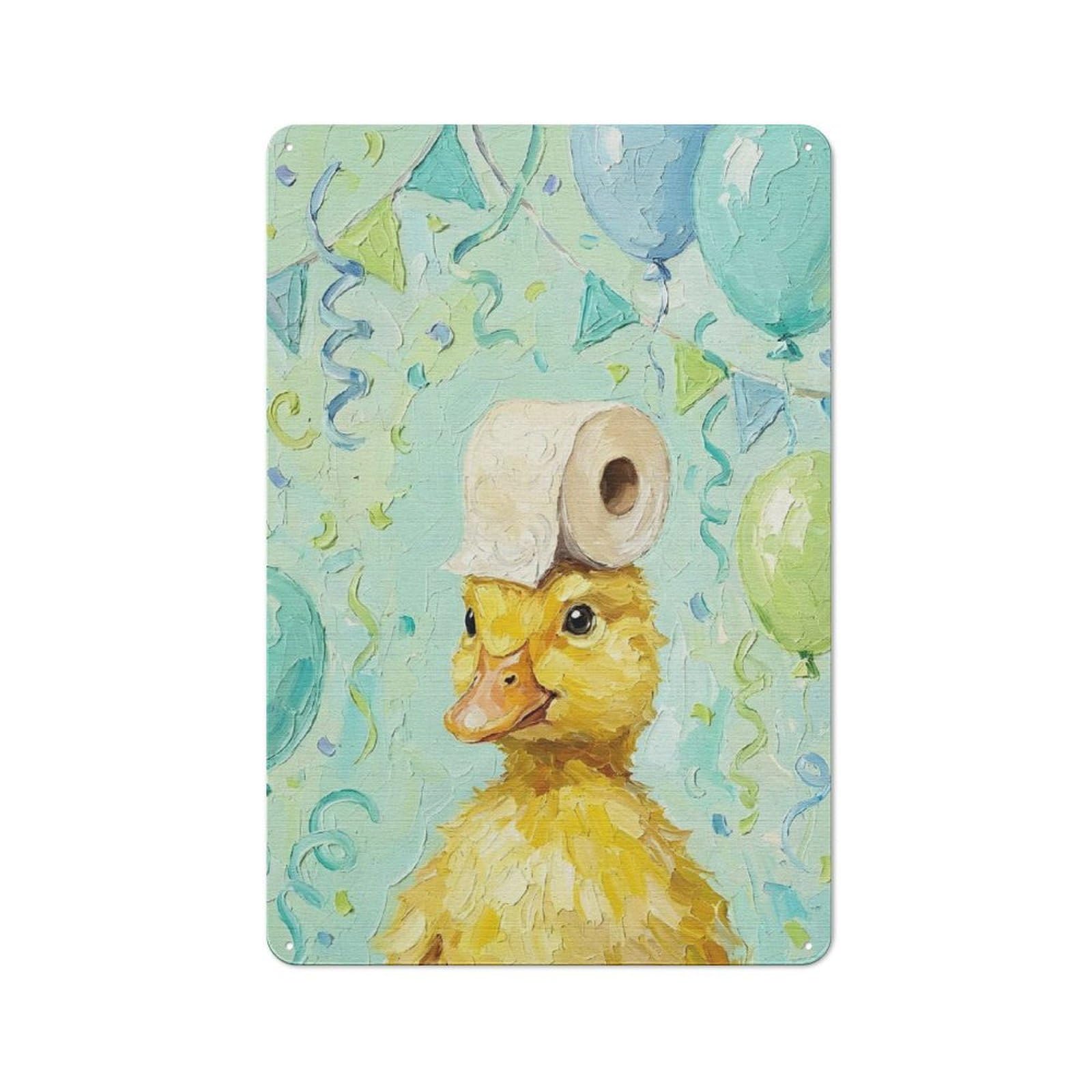 Junmoney Style-10 Smart Tin Sign 30X20cm Featuring Duckling With Toilet Paper Hat, Office Wall Decor For Workspace, Cafe, Shop Or Desk Area