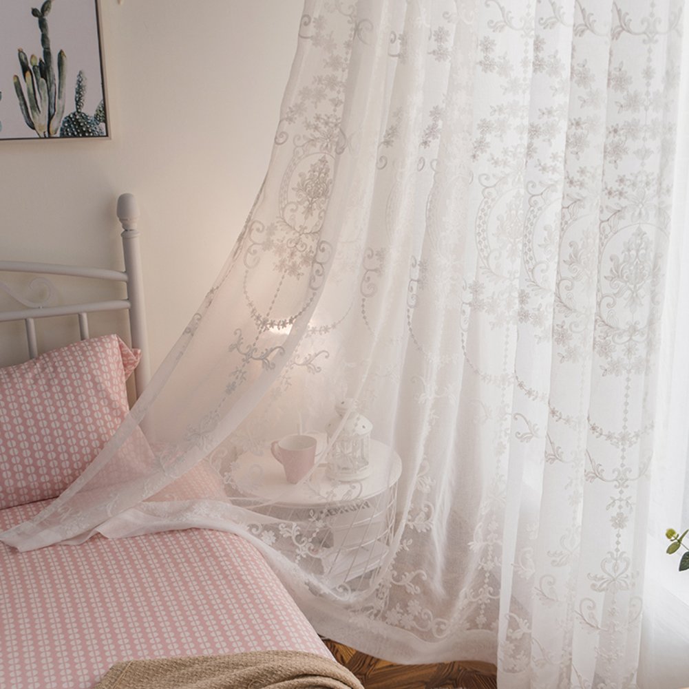 Rideau voilage blanc brodé en dentelle 150x265cm pour décoration de balcon et salon