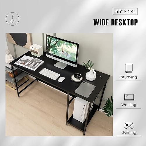 Miniatura 5 de Tangkula Escritorio para computadora de 55 pulgadas con toma de corriente y puertos USB, estación de trabajo de PC para oficina en casa con estante