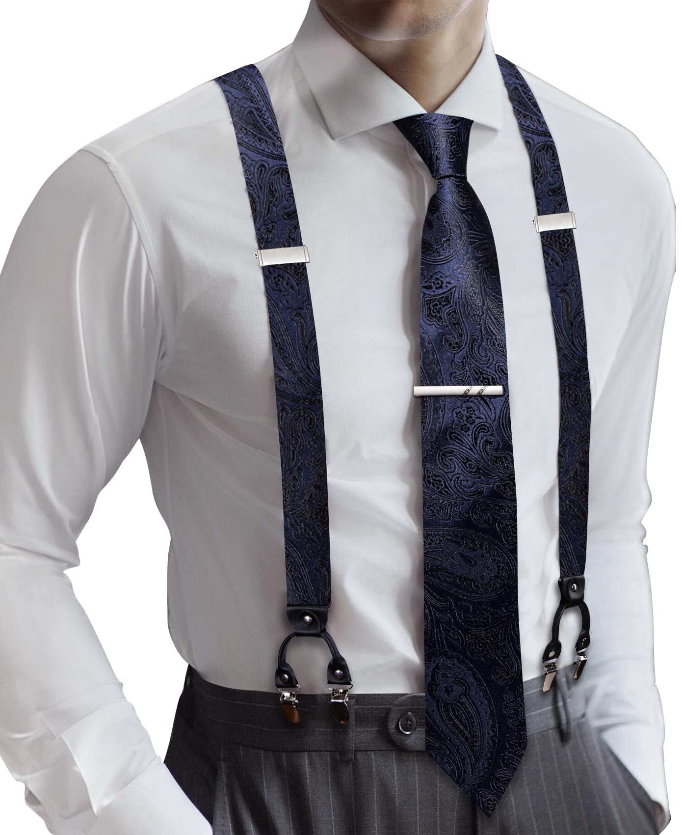 Barry.Wang Men Suspender Tie Sets Elastic Heavy 6 Clips Hanky Cufflink 5PCS | Classic Suspender Set for Man Necktie Y Type Adjustable Heavy Duty 6 Clips Braces Pocket Square Cufflinks Party
