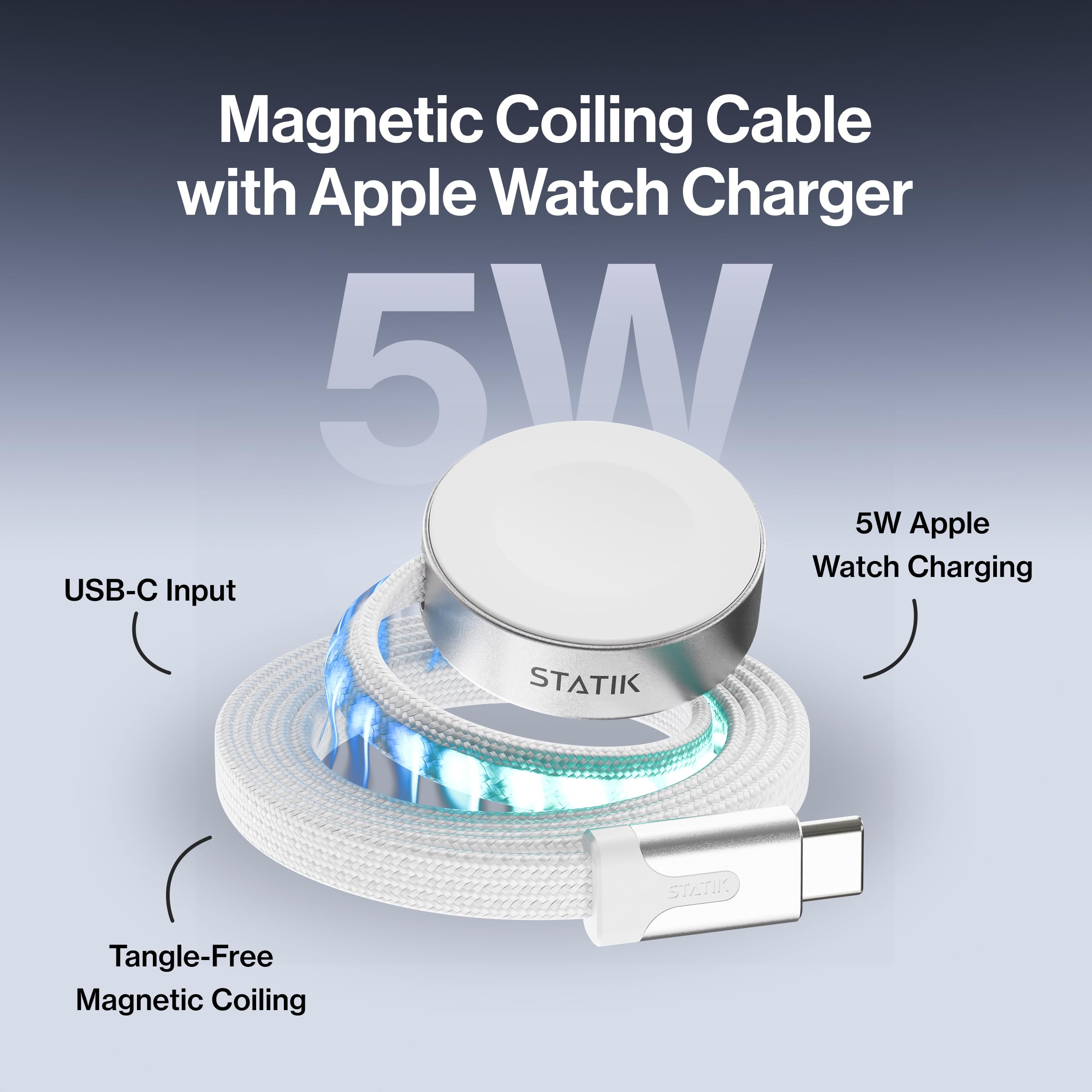 Statik MagStack - Cavo USB C 2 in 1, compatibile con Apple Watch, iPhone 15/16, cavo di ricarica magnetico senza ingombri, caricabatterie rapido USB C