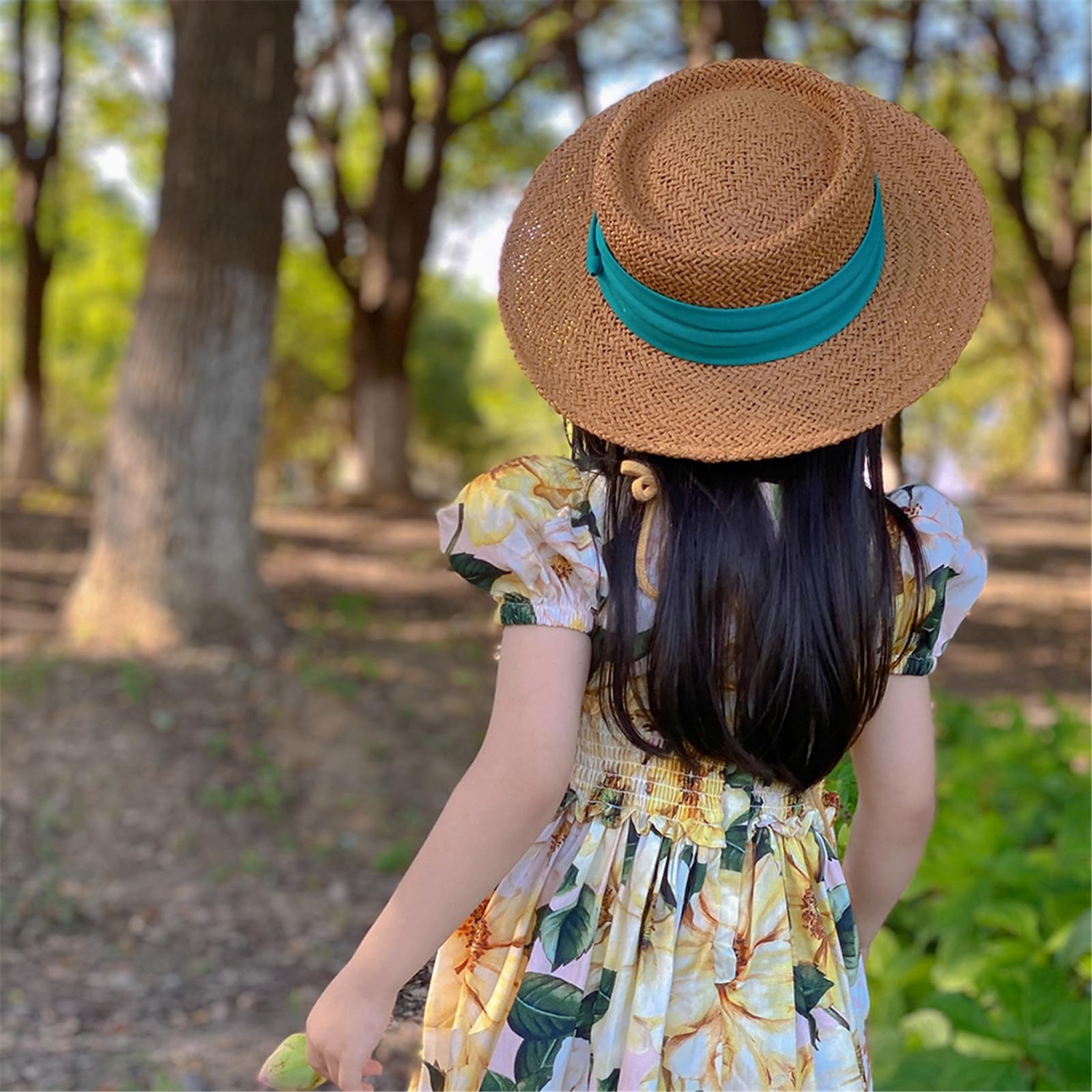 Generico Cappello da Sole in Paglia a Tesa Larga per Bambini - Design con Cintura Intrecciata per Protezione UV e attività all'aperto
