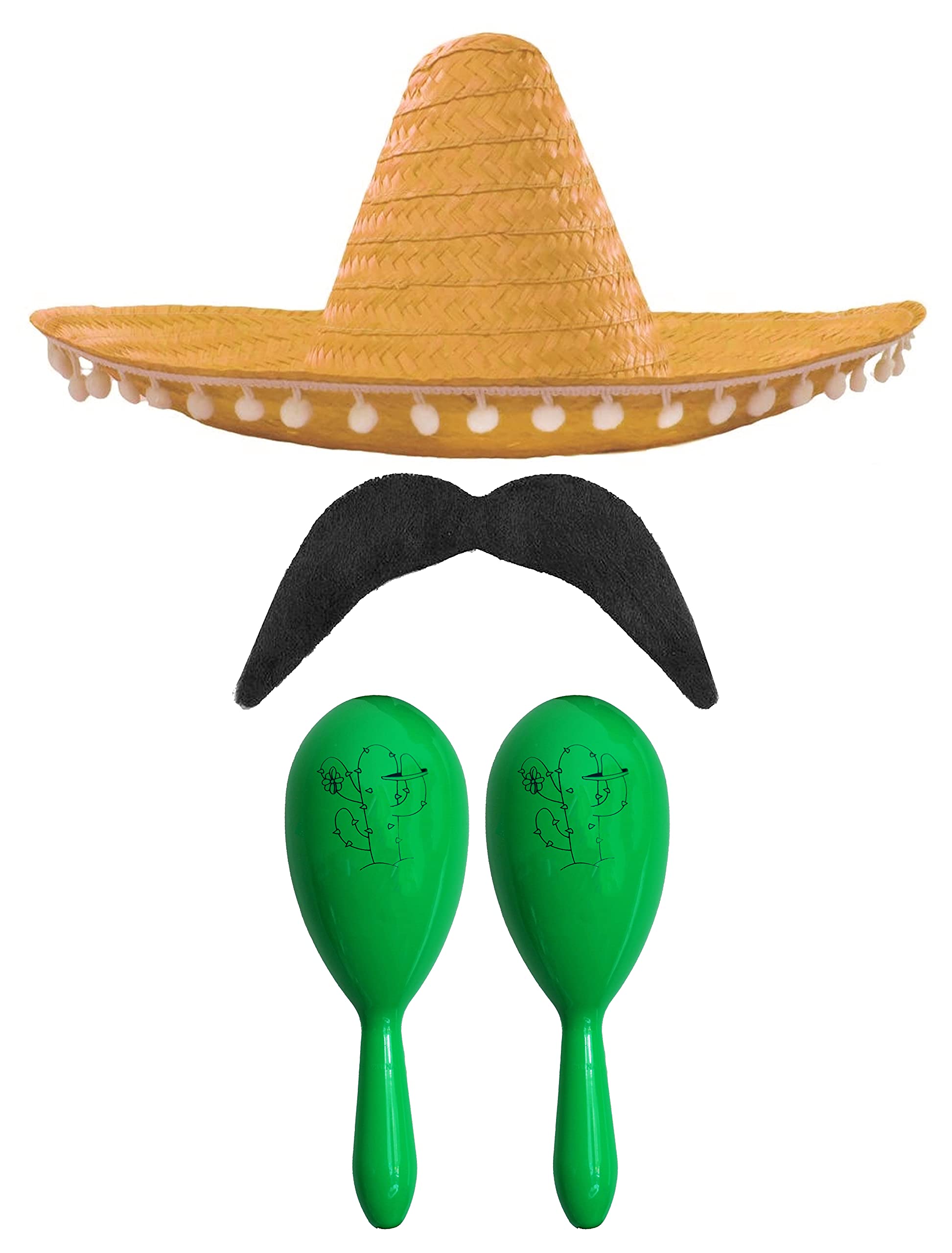 Adults Mexican Accessory Set - Natural Mexican Sombrero, Green Maracas, Moustache - Mexican Cinco de Mayo Sensorita Bandit Mariachi Fancy Dress Costume Accessory Set