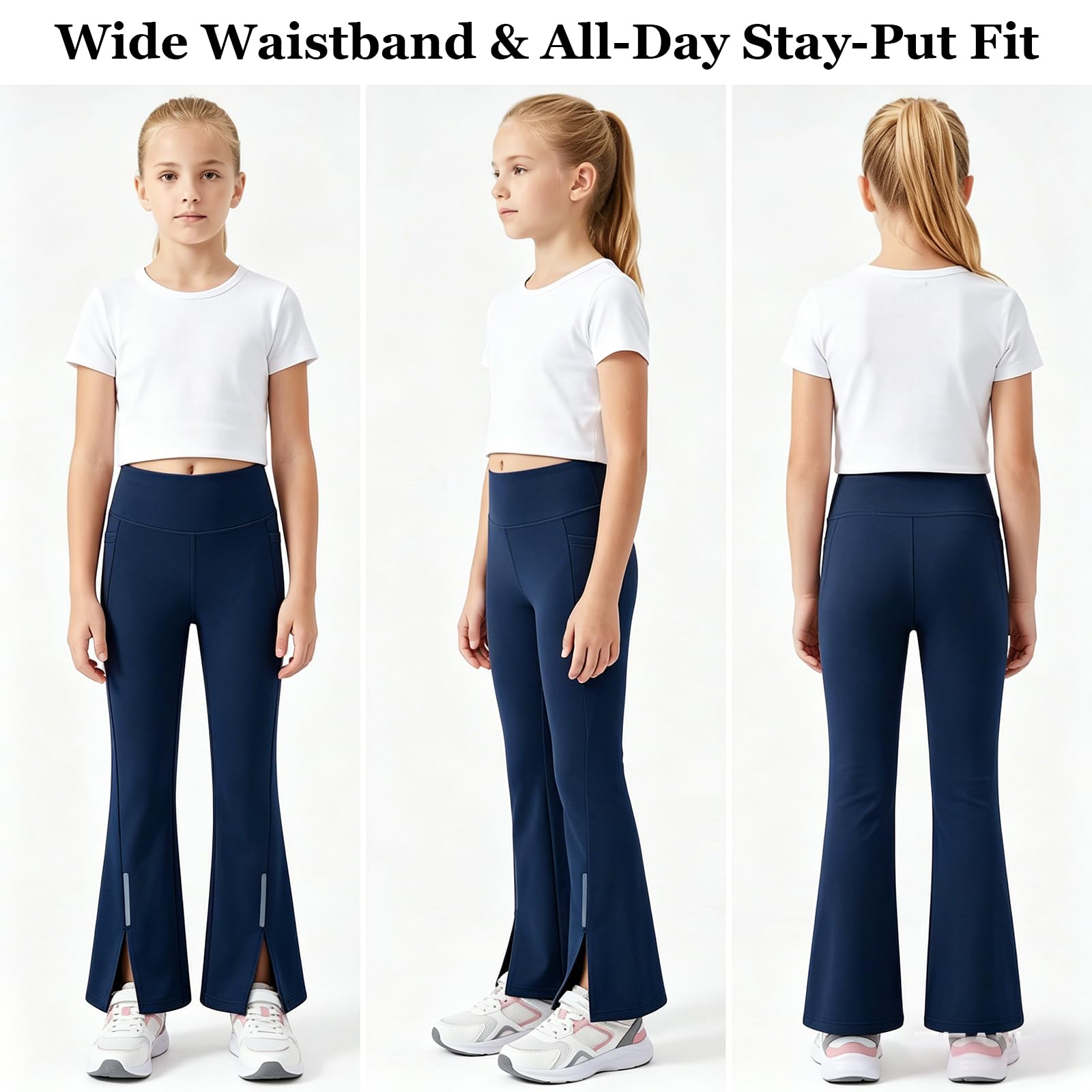 Mädchen Sportleggings mit UPF 50 Sonnenschutz Schlaghose mit Reflektierende Streifen und Taschen Flared Sporthose Atmungsaktiv Tanz Training Leggings Leicht Hosen für 7-15 Jahre