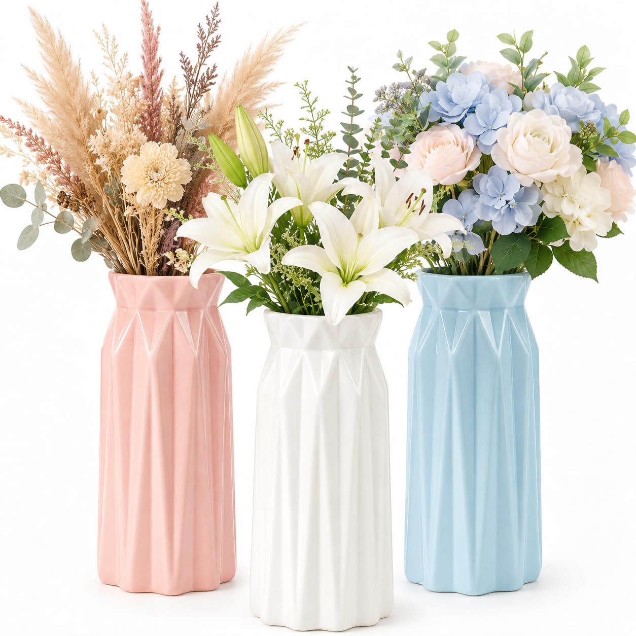 DDUP Unbreakable Plastic Flower Vases, Nordic Geometric Origami Decorative Vases with Ceramic Texture, Modern Desktop Vases for Dried & Fresh Flowers, Home Kitchen Office Wedding Decor (3 Colour)