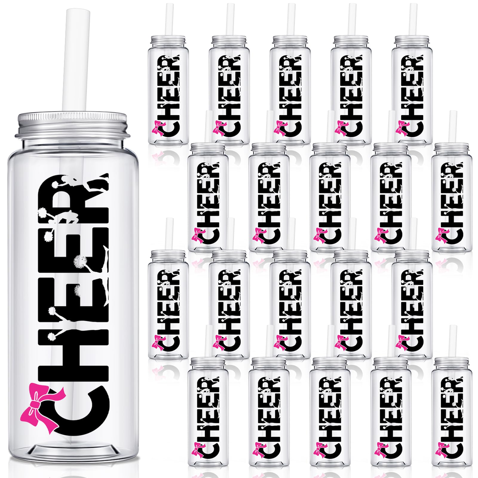 Pickmesh 24 Pcs Cheerleading Gift Cheerleader Tumbler Cups with Lid and Straw, 14 oz Reusable Plastic Cheer Water Bottle, Cheerleader Gifts Bulk for