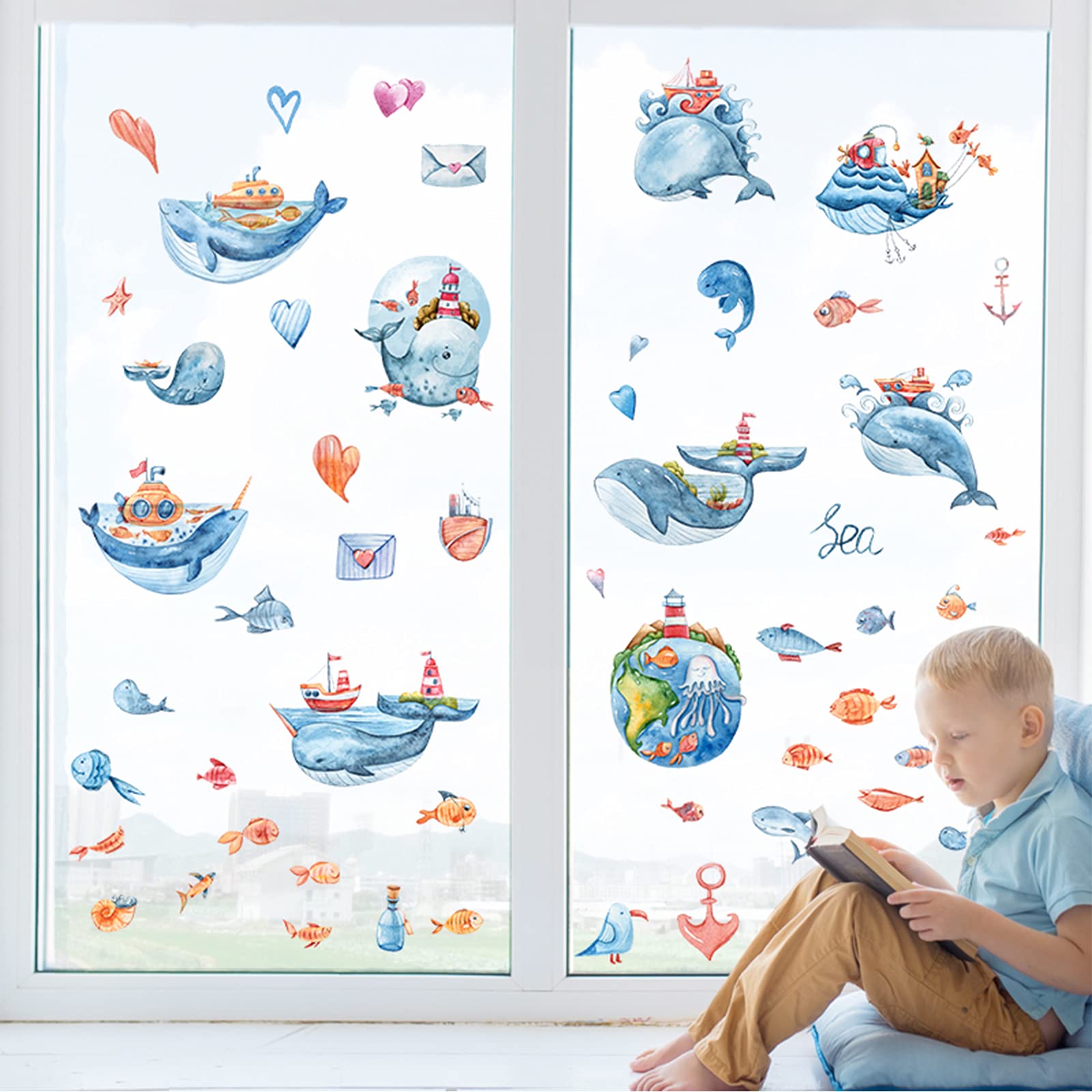 Buy 61Pcs Ocean Blue Whale Fish Window Clings Stickers, ZOXILEN Cartoon