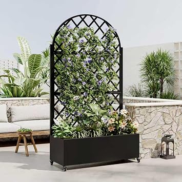 Metal Planter Box with Trellis and Wheels, 73"x35"x16" Galvanized Steel Raised Garden Bed with Drainage Holes and Privacy Screen Function for Climbing Plants, Vegetables, Flowers, and VinesBlack