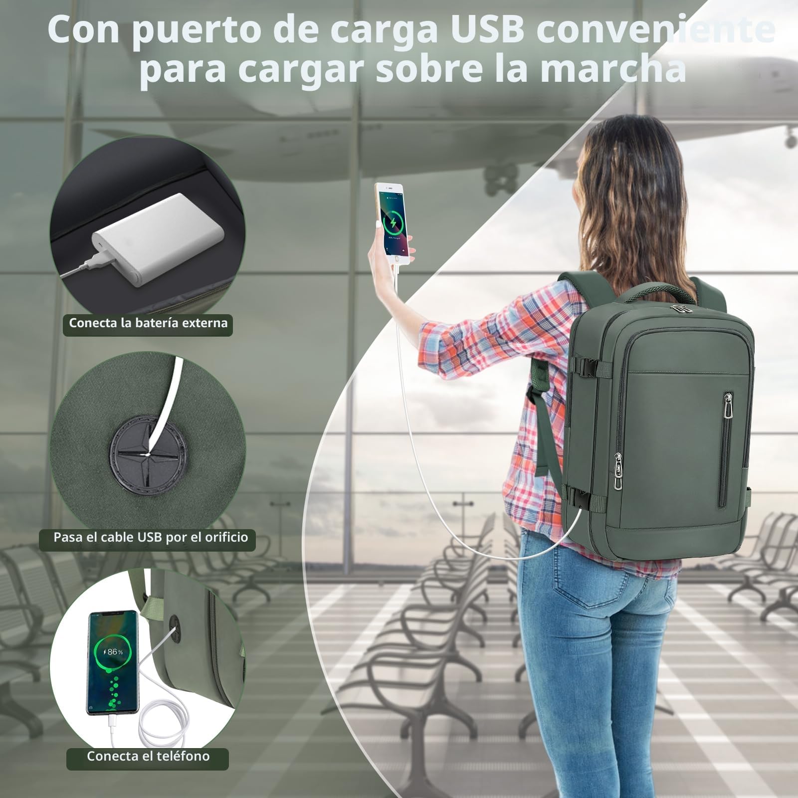 OTAHGK Mochila de Viaje Cabina Avion 40 x 20 x 25 para Ryanair Equipaje de Mano Maletas de Cabina Bolsa de Viaje para Portátil de 14 Pulgadas con Orificio de Carga USB y Bolsillo Antirrobo
