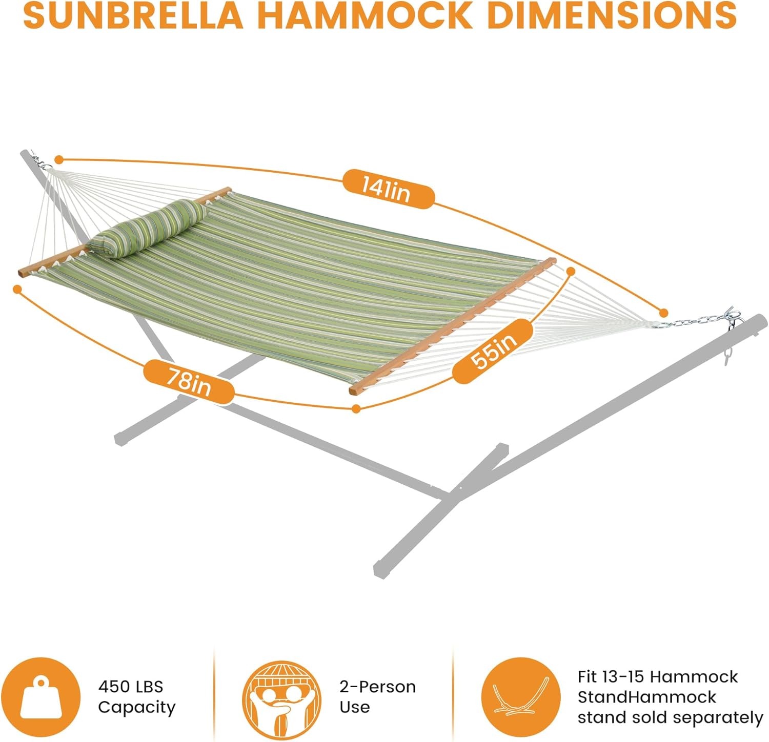 Lazy Daze Hammocks 12 FT Sunbrella Fabric Hammock not Fading with Spreader Bars and Free Pillow Fits for 2 Persons, All Weather and Fade Resistant, 450 lbs Capacity, Foster Surfside with RAIN Finish