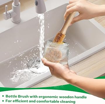 Bamboo Dish Brush Set - 5 Packs Natural Wooden Kitchen Brush, 4 Dish Scrubbers with One Replacement Head, Cleaning for Pots, Bottles and Vegetables