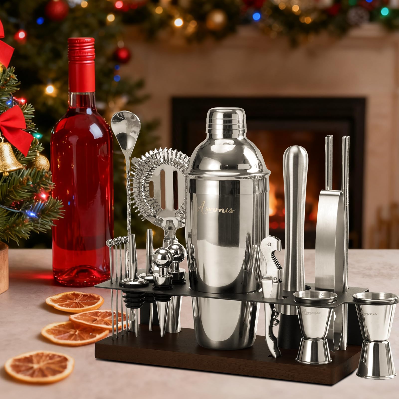 Kit shaker à cocktails avec support | Ensemble de 23 pièces pour barman avec tous les accessoires essentiels : shaker à martini, doseur, pour la maison, le bar et les fêtes (chocolate-F)