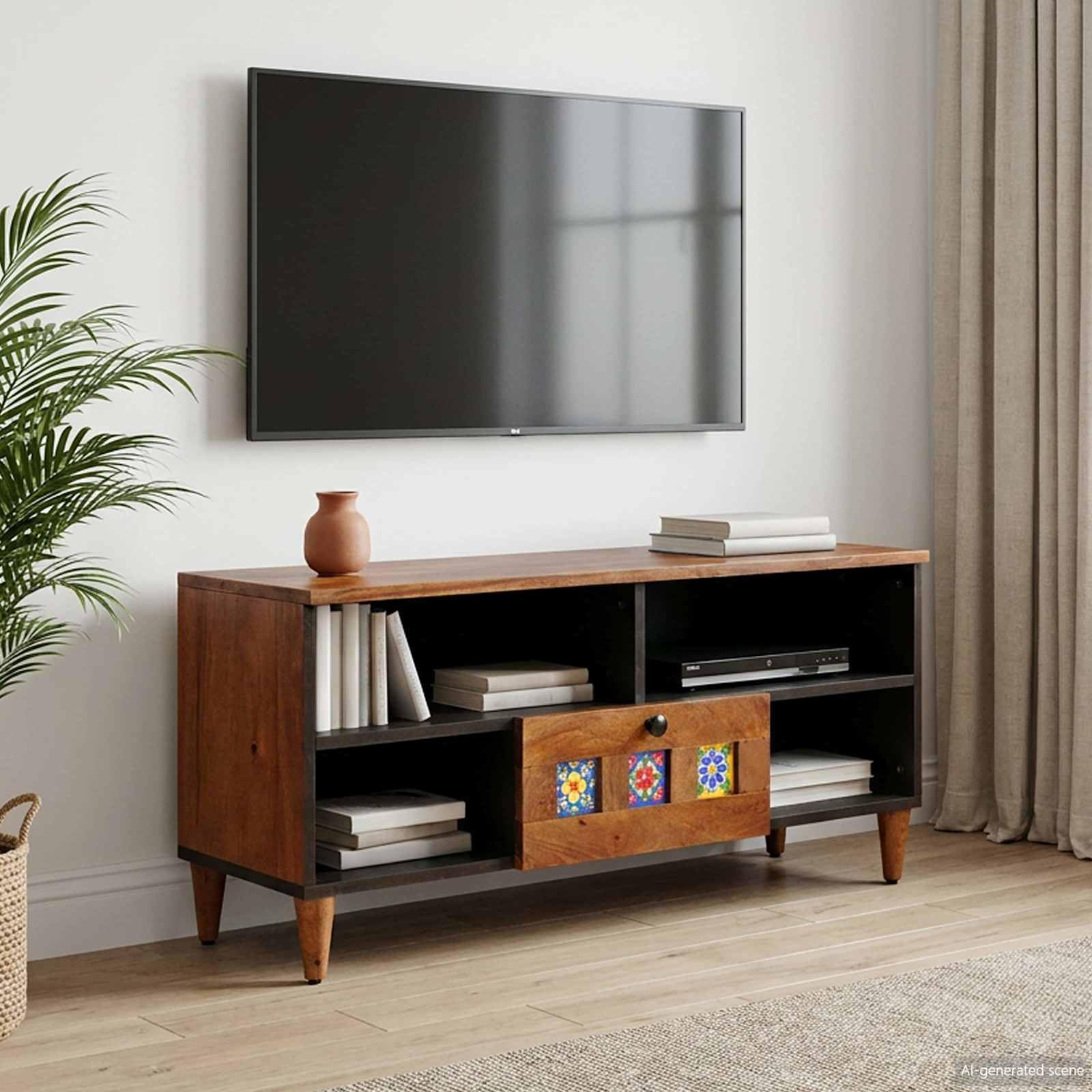 Mueble TV de madera de mango con cajones 100 x 33 x 46 cm