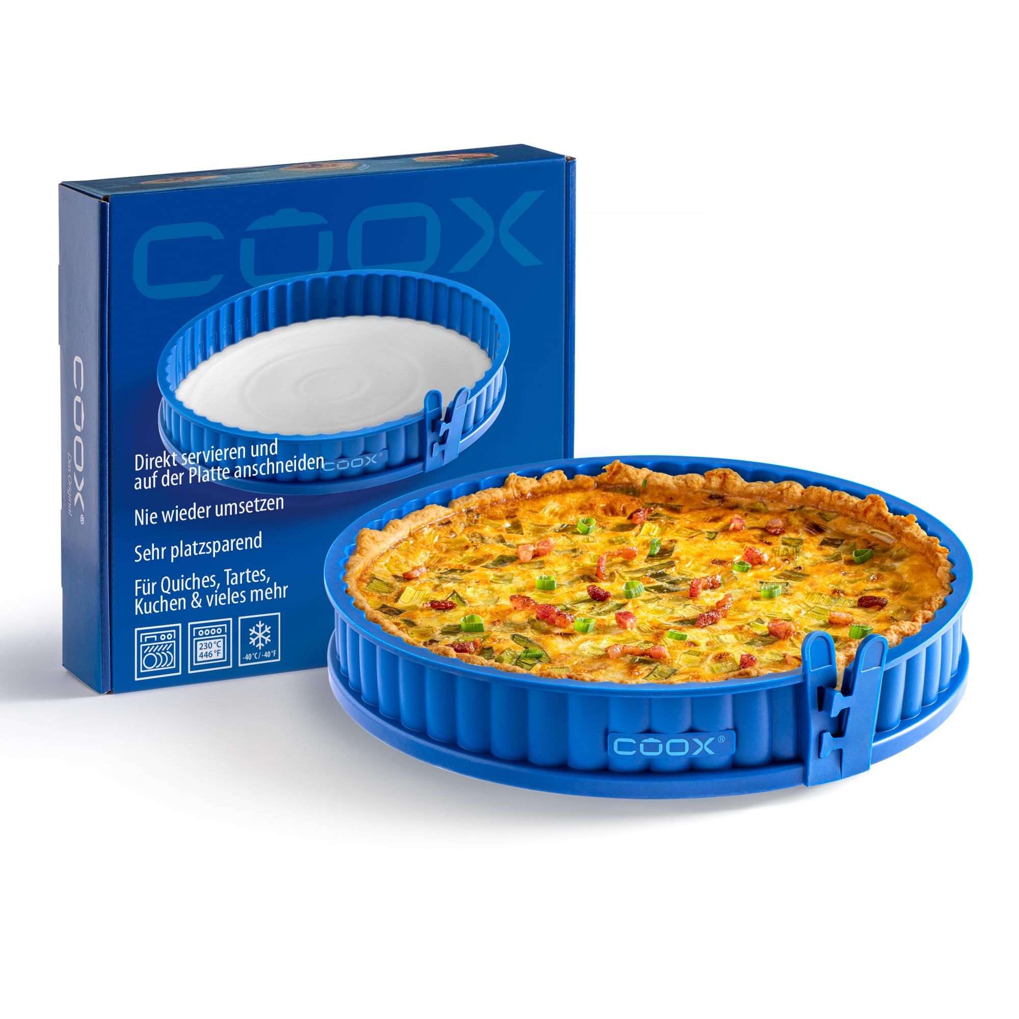 coox Quiche mit Porzellanplatte Ø 26 cm - Backen & Servieren in Einem I Antihaft-Silikon I Spülmaschinenfest I Kein Umsetzen I BPA-frei Blau